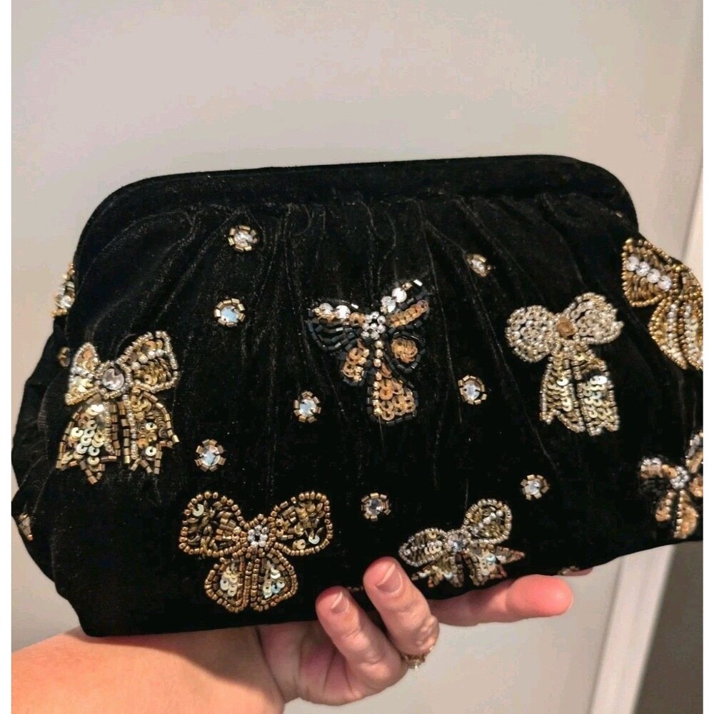 NWT India Beaded Purse Art Deco Style Bow Shimmer Motif Black Velvet Chain Strap